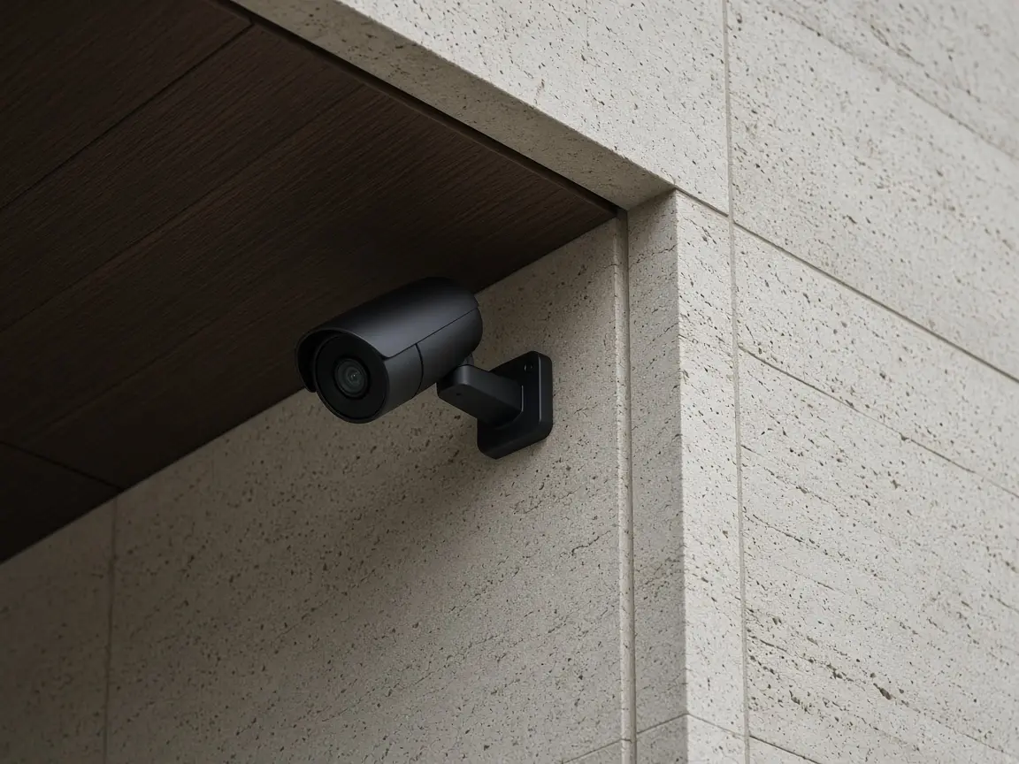 A compact dark camera mounted under the wood eave of a limestone wall.