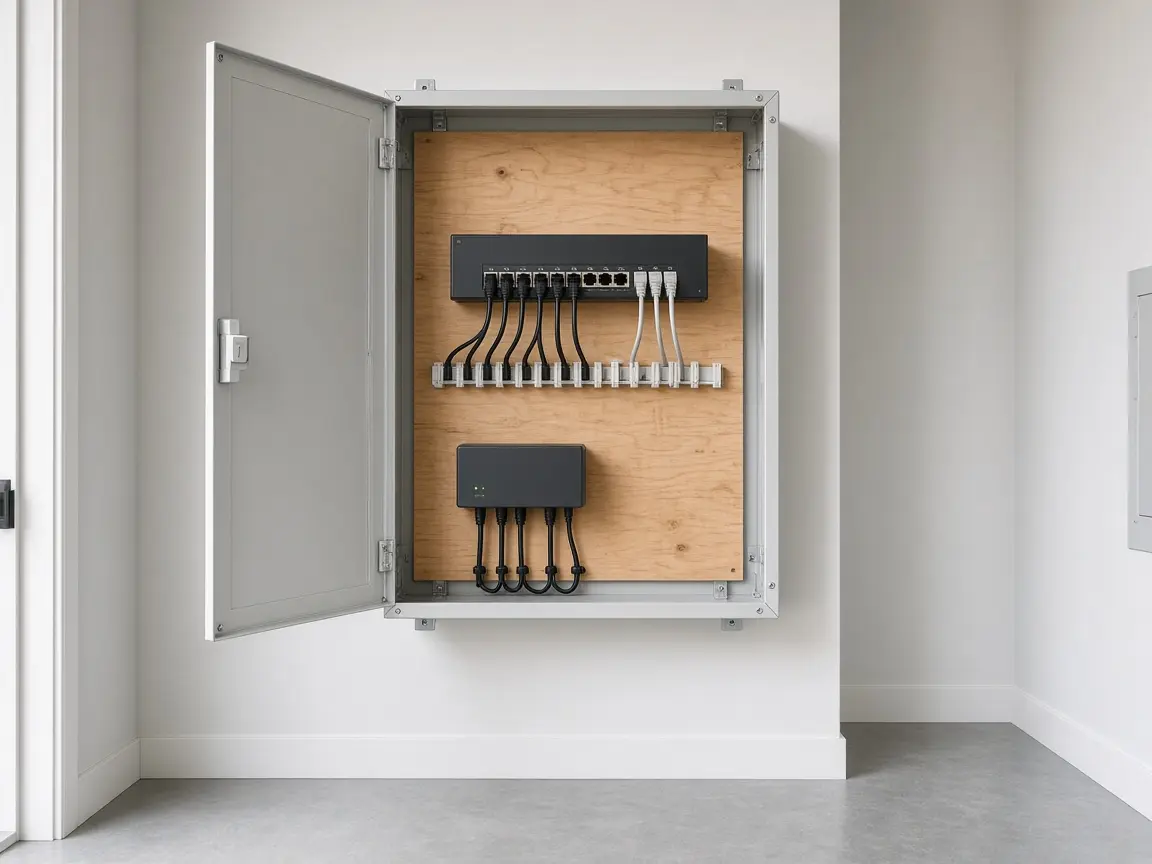 A wall-mounted network enclosure with a switch, short patch cables, and a gateway on a plywood backboard.