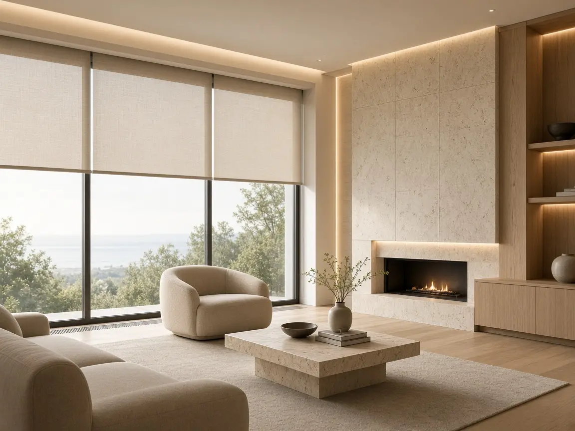 A living room with large windows, lowered fabric shades, limestone, and warm architectural lighting.